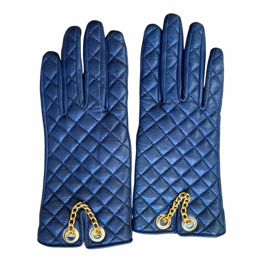 Leather & Silk  Lined Italy Martelli Gloves Blue Gold Chain Quilted Size 7